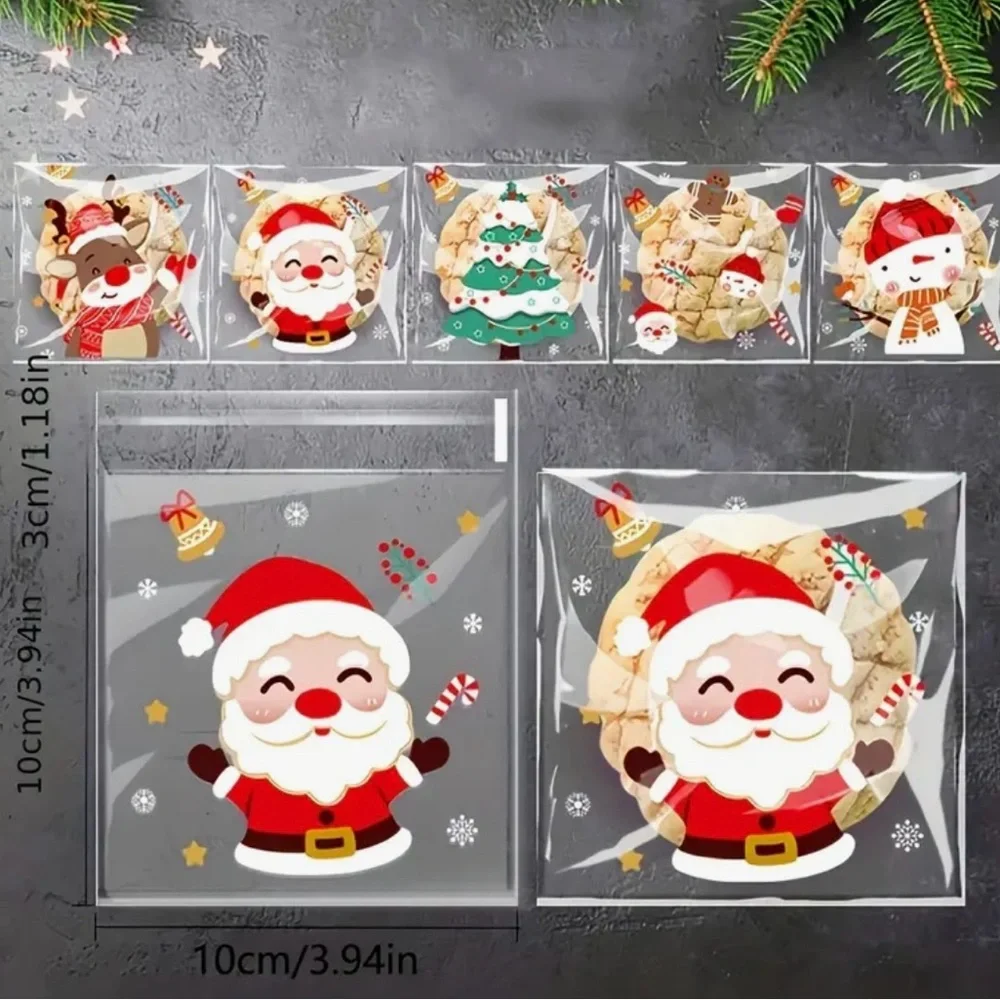 Christmas Self-Adhesive Transparent Plastic Gift Bags 25 ct w/ 5 Designs-NIP